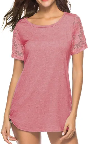 Women's Lace Short Sleeve Round Neck T-Shirt Casual Blouse Tunics Tops