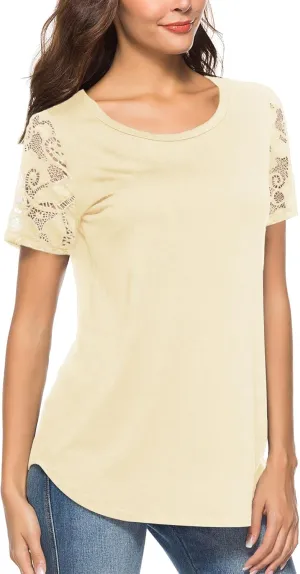 Women's Lace Short Sleeve Round Neck T-Shirt Casual Blouse Tunics Tops