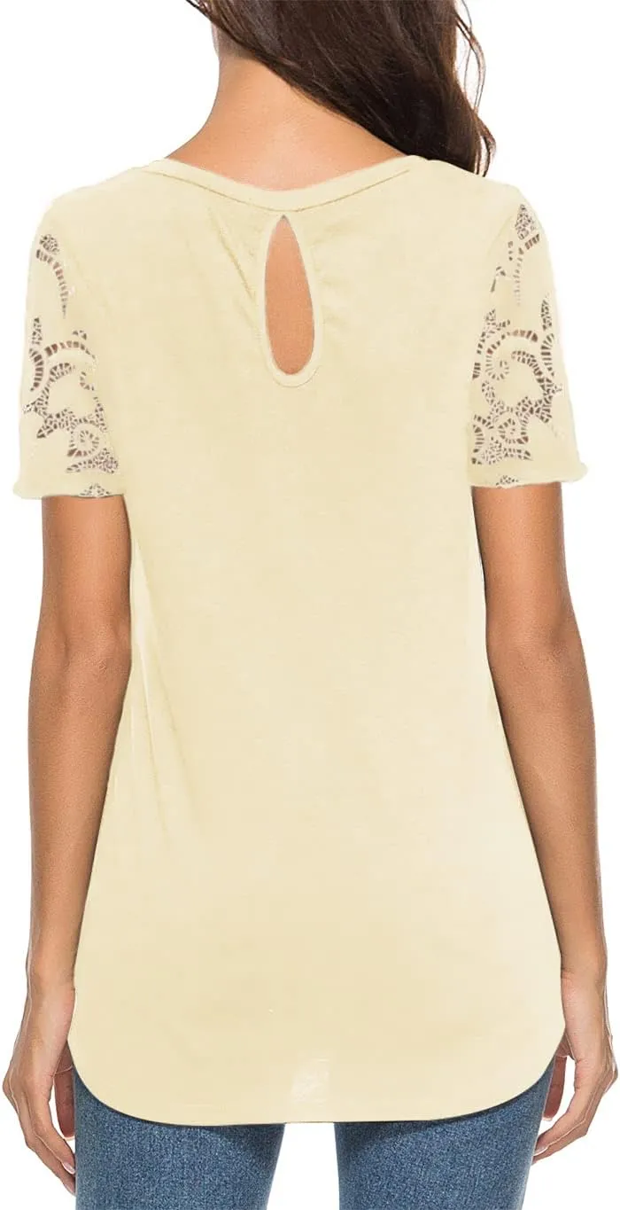 Women's Lace Short Sleeve Round Neck T-Shirt Casual Blouse Tunics Tops