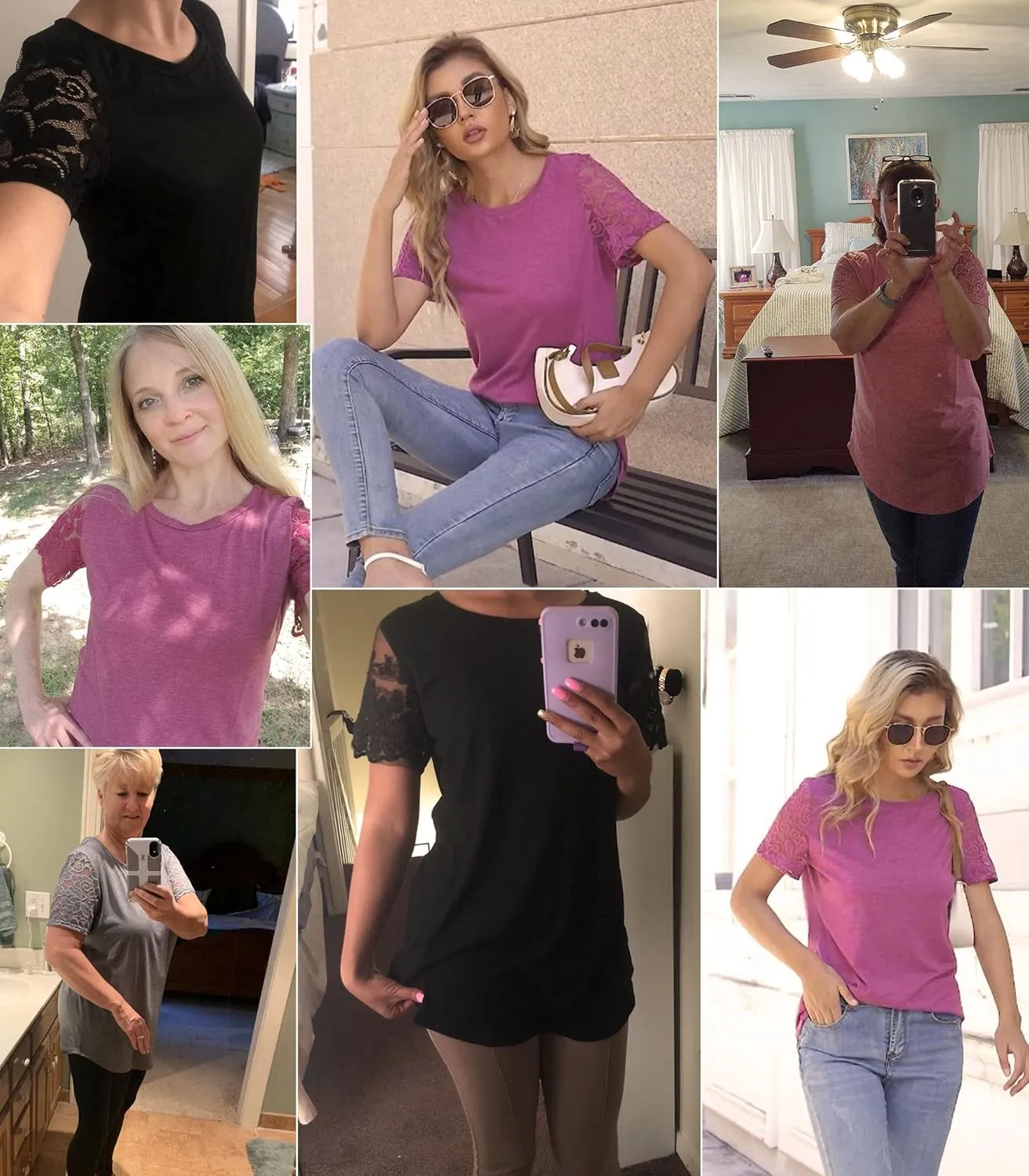 Women's Lace Short Sleeve Round Neck T-Shirt Casual Blouse Tunics Tops