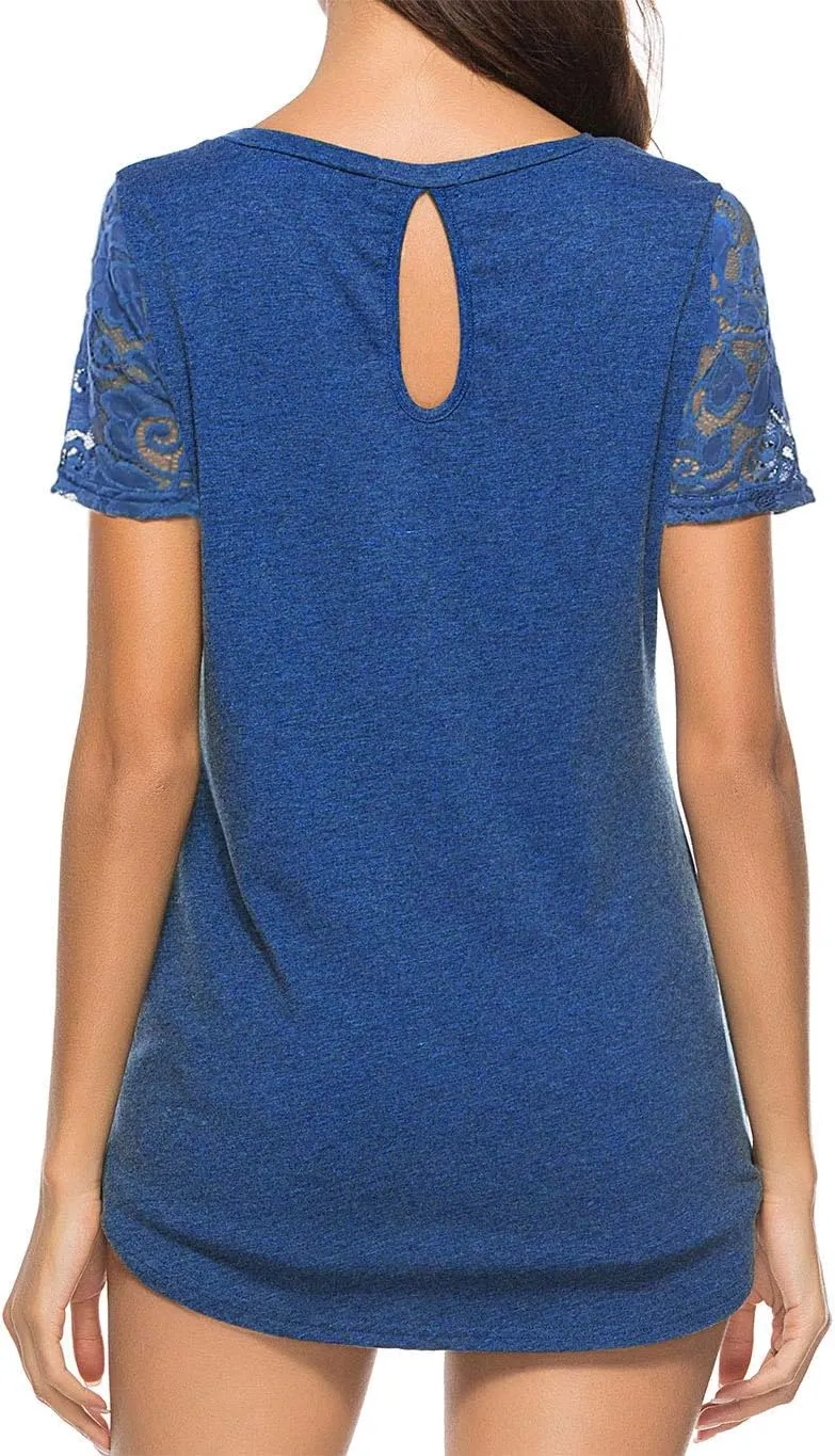 Women's Lace Short Sleeve Round Neck T-Shirt Casual Blouse Tunics Tops