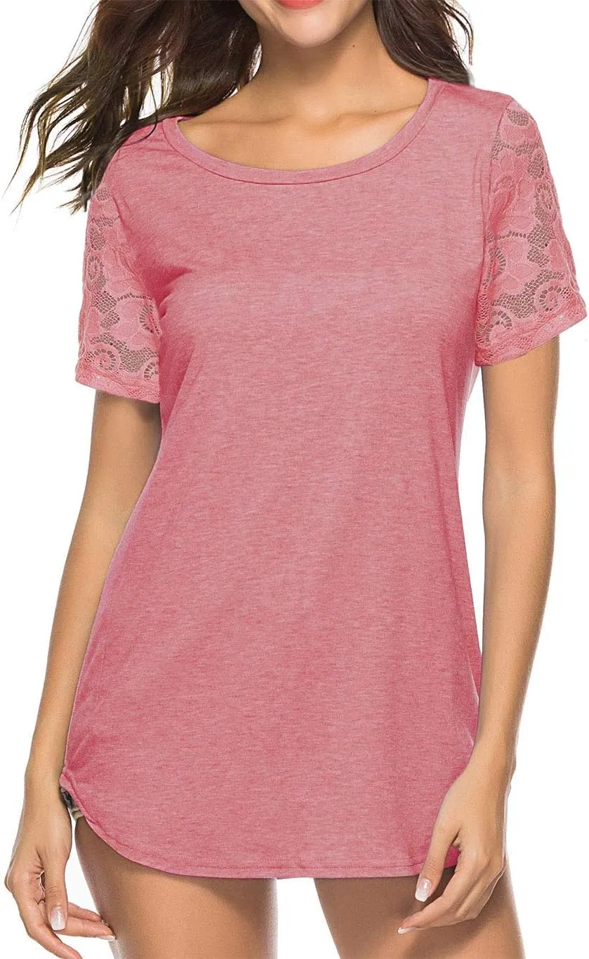 Women's Lace Short Sleeve Round Neck T-Shirt Casual Blouse Tunics Tops