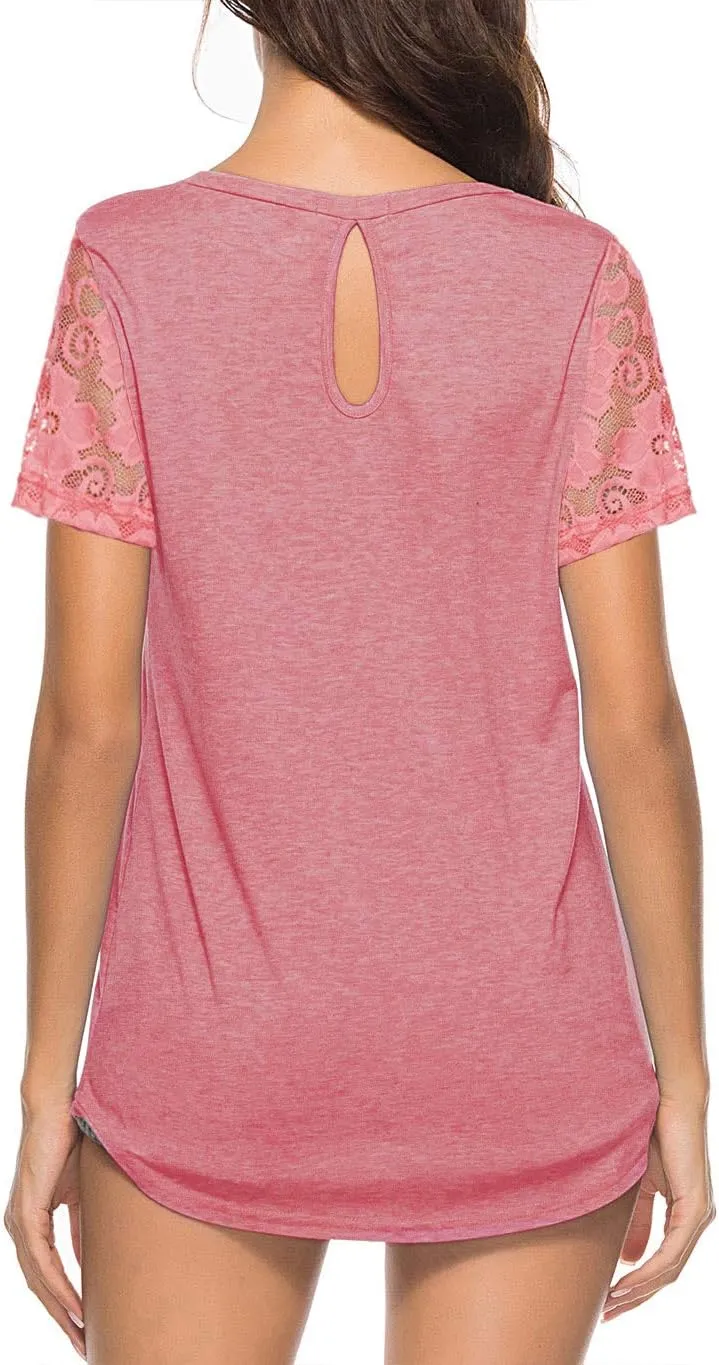 Women's Lace Short Sleeve Round Neck T-Shirt Casual Blouse Tunics Tops
