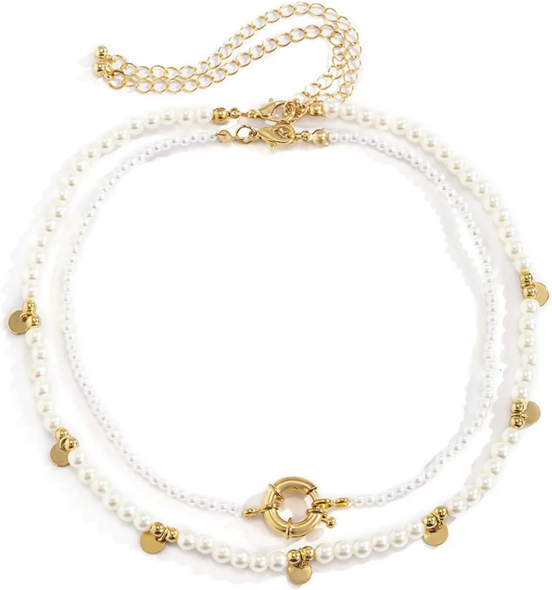 Womens Layered Necklaces Boho, Imitation Pearl 2 Layer Gold Chain for Women Layered