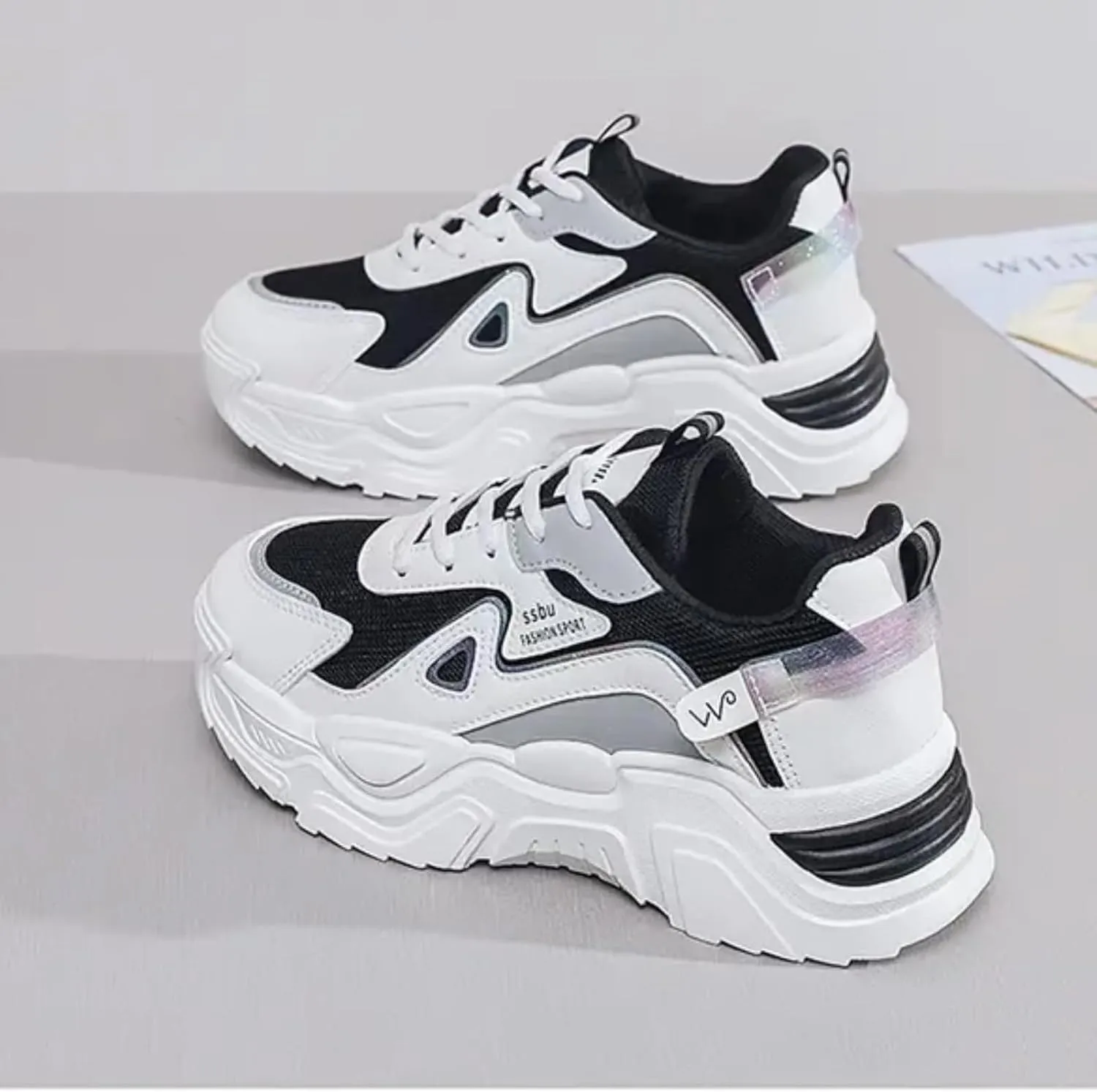 Womens Leather Lace-Up Platform Sneakers Casual Non-Slip Shock Absorbing Heighten Fashion Breathable Walking Workout Shoes