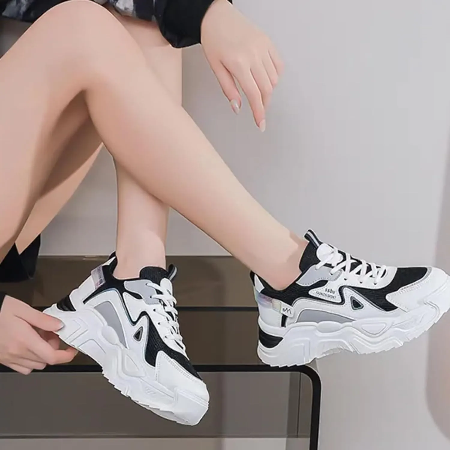 Womens Leather Lace-Up Platform Sneakers Casual Non-Slip Shock Absorbing Heighten Fashion Breathable Walking Workout Shoes