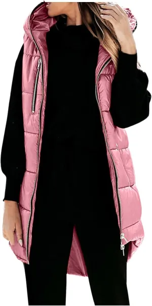 Women's Long Quilted Vest Hooded Full-Zip Sleeveless Down Coat Outwear With Pockets 2024 Winter Warm Padded Jacket