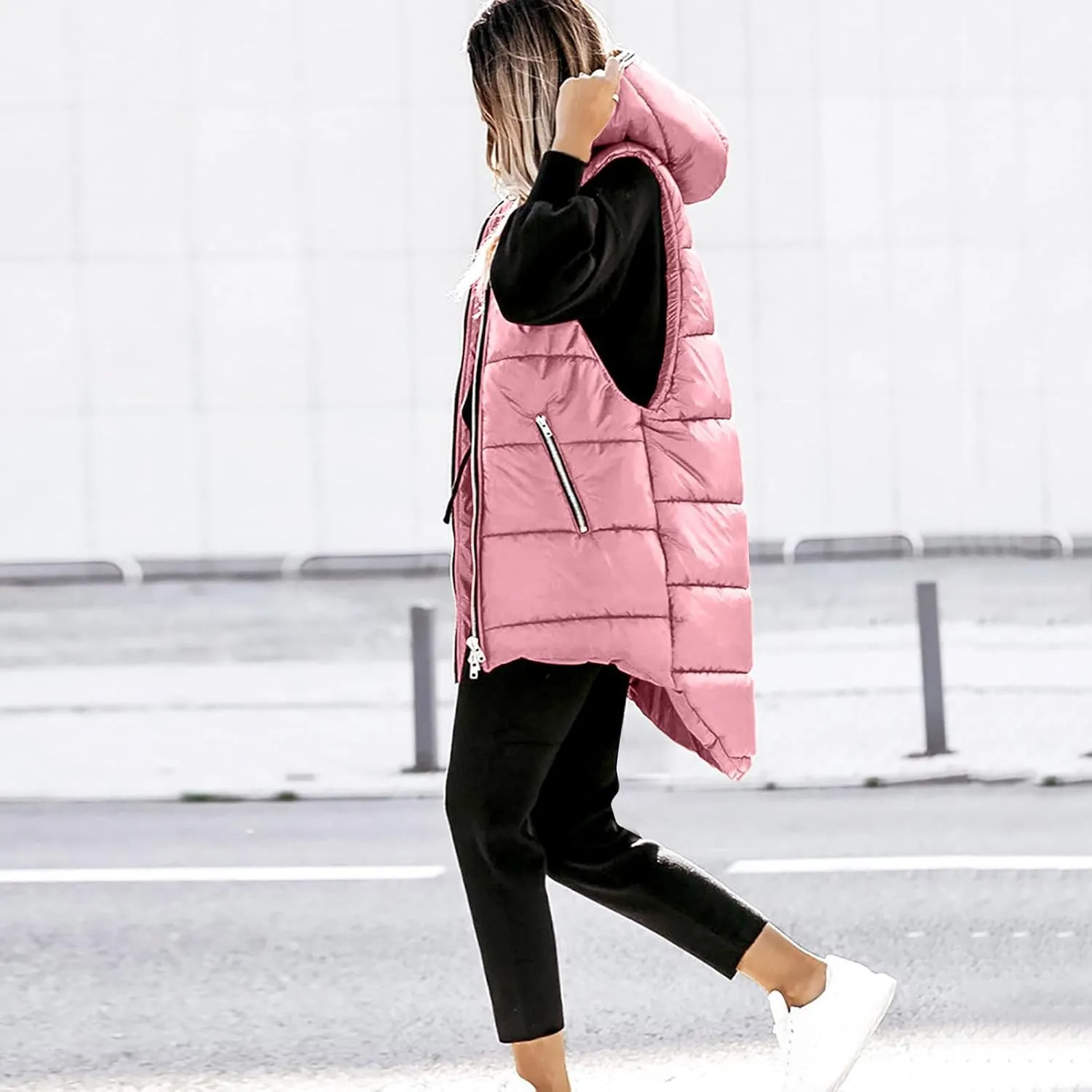 Women's Long Quilted Vest Hooded Full-Zip Sleeveless Down Coat Outwear With Pockets 2024 Winter Warm Padded Jacket