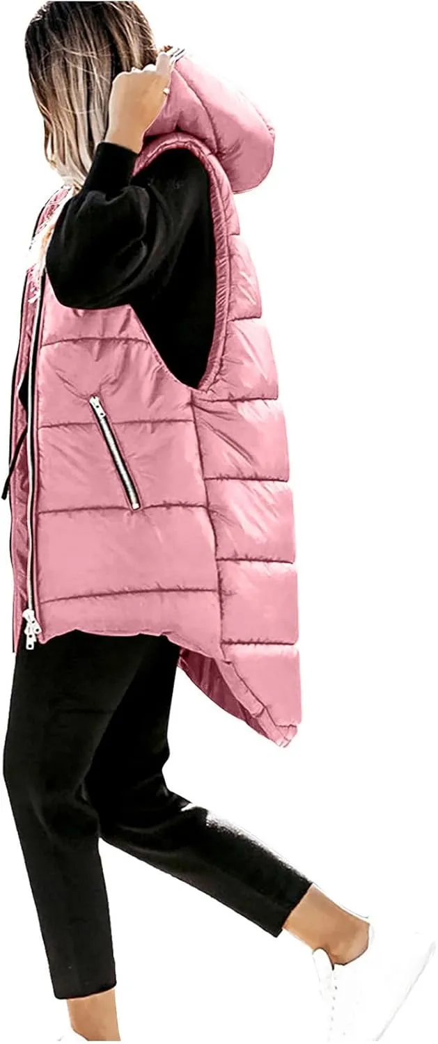 Women's Long Quilted Vest Hooded Full-Zip Sleeveless Down Coat Outwear With Pockets 2024 Winter Warm Padded Jacket
