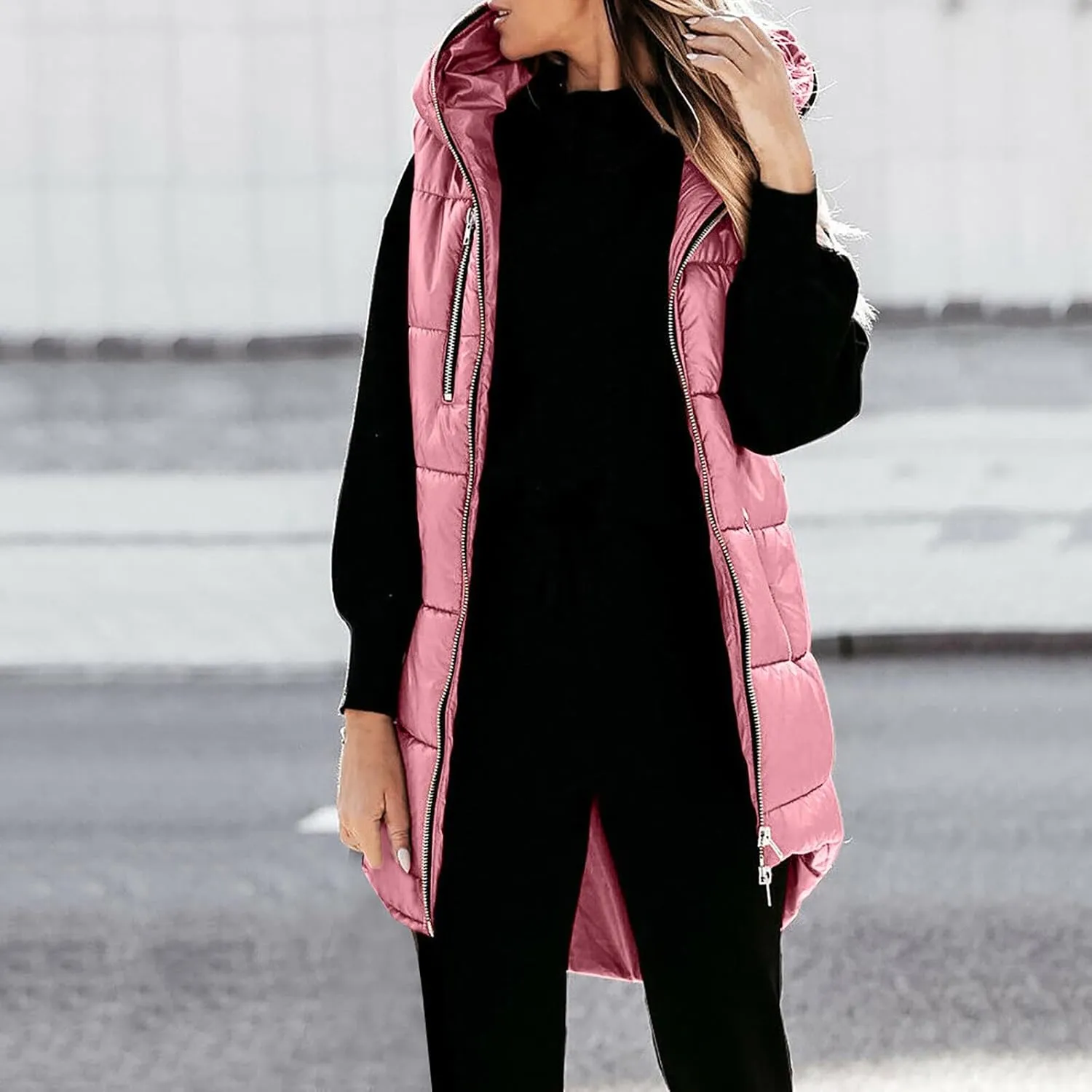 Women's Long Quilted Vest Hooded Full-Zip Sleeveless Down Coat Outwear With Pockets 2024 Winter Warm Padded Jacket