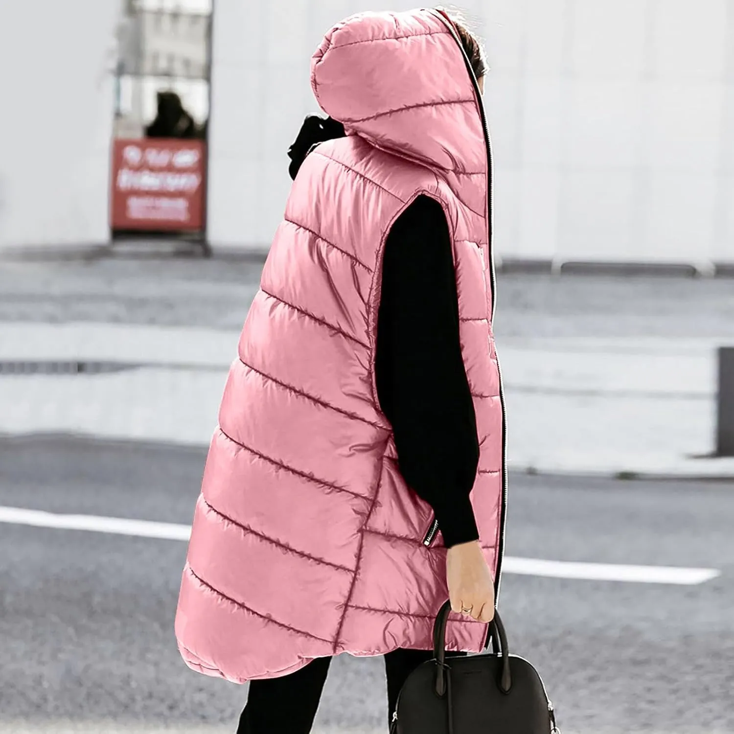 Women's Long Quilted Vest Hooded Full-Zip Sleeveless Down Coat Outwear With Pockets 2024 Winter Warm Padded Jacket