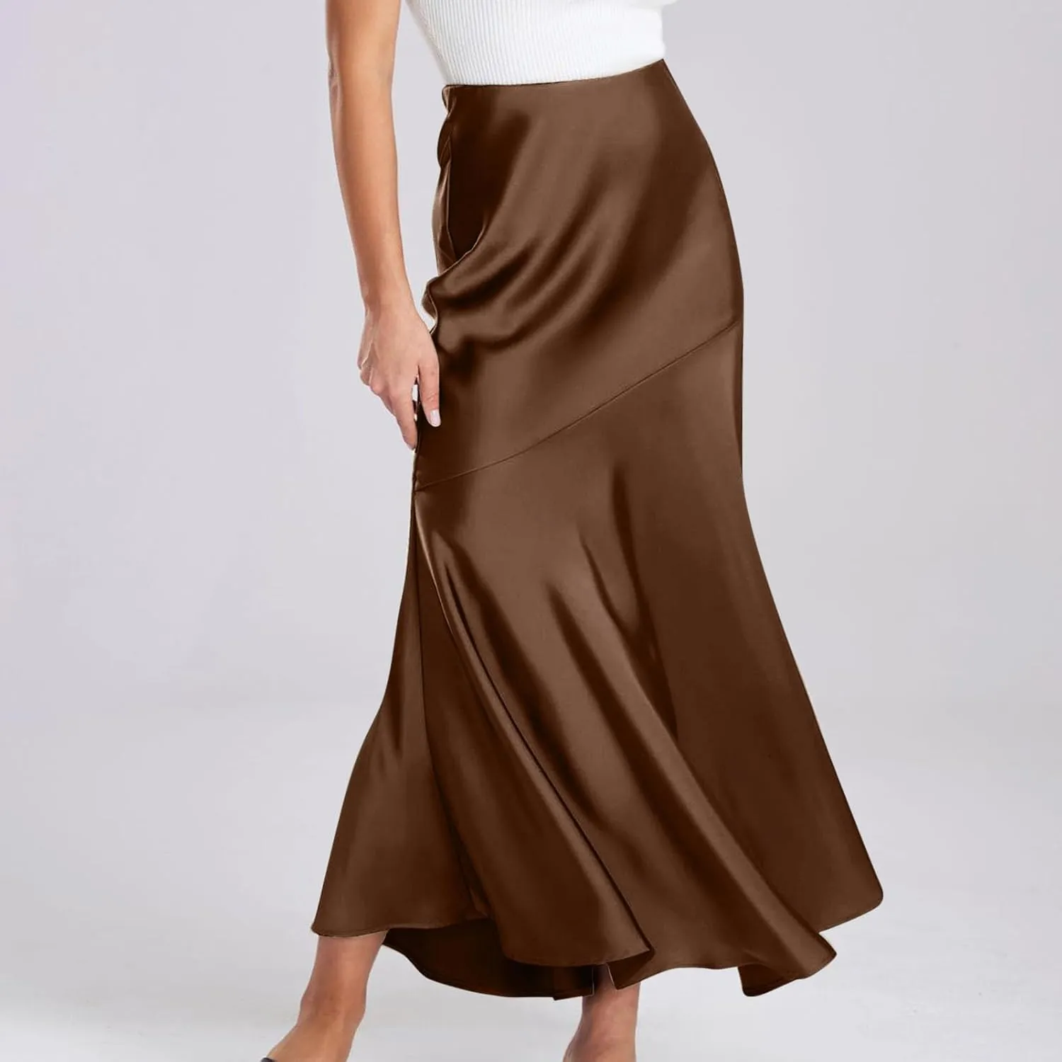 Women's Long Satin Skirt Silk Elegant High Waist Cocktail Party Wedding Flared A-Line Flowy Swing Maxi Skirts
