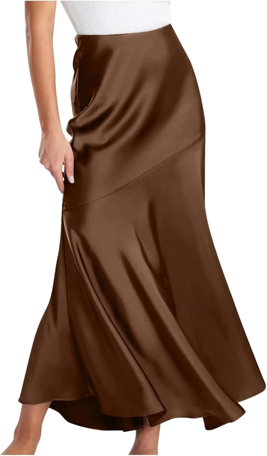 Women's Long Satin Skirt Silk Elegant High Waist Cocktail Party Wedding Flared A-Line Flowy Swing Maxi Skirts
