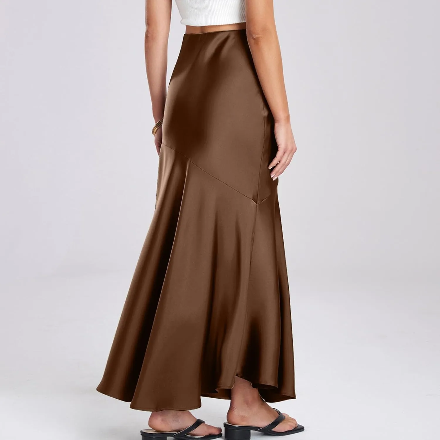 Women's Long Satin Skirt Silk Elegant High Waist Cocktail Party Wedding Flared A-Line Flowy Swing Maxi Skirts