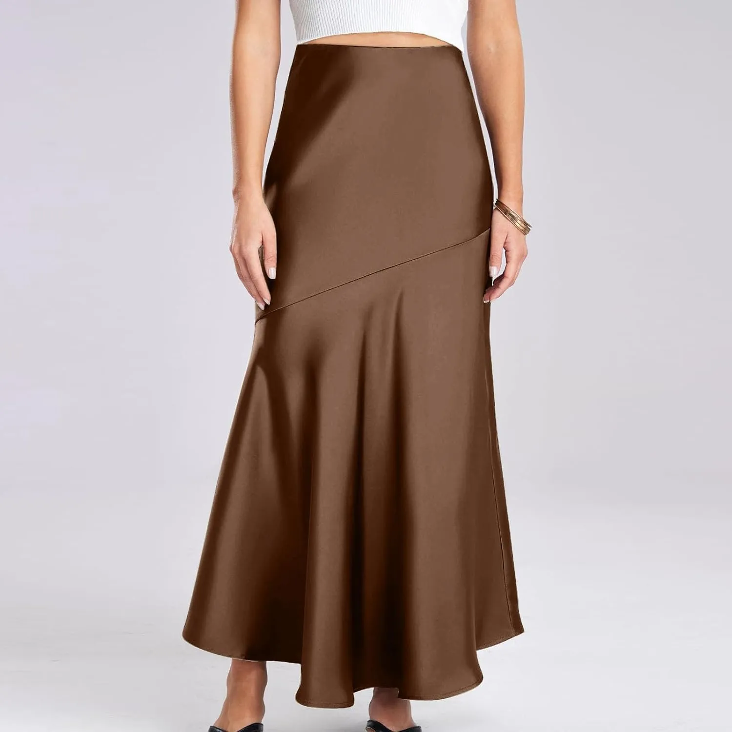Women's Long Satin Skirt Silk Elegant High Waist Cocktail Party Wedding Flared A-Line Flowy Swing Maxi Skirts