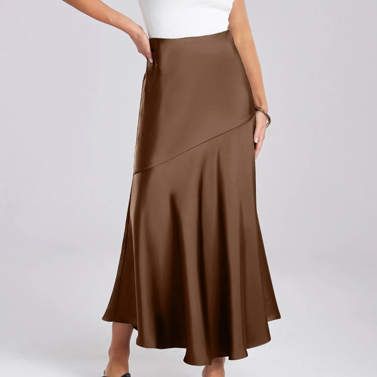 Women's Long Satin Skirt Silk Elegant High Waist Cocktail Party Wedding Flared A-Line Flowy Swing Maxi Skirts