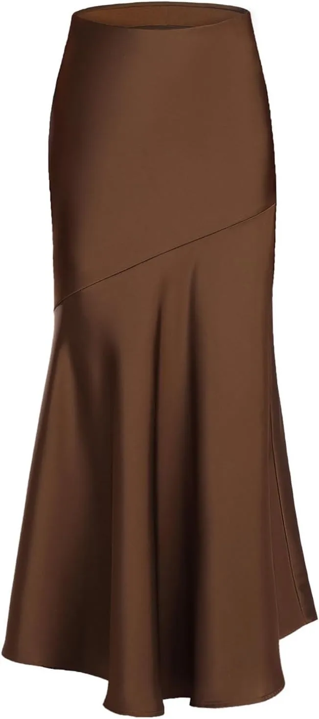 Women's Long Satin Skirt Silk Elegant High Waist Cocktail Party Wedding Flared A-Line Flowy Swing Maxi Skirts