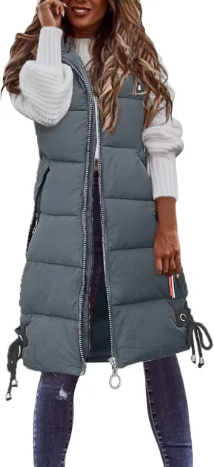 Women's Long Vest Sleeveless Lightweight Puffer Jacket Packable Hooded Down Coat Quilted Vest with Hood Winter
