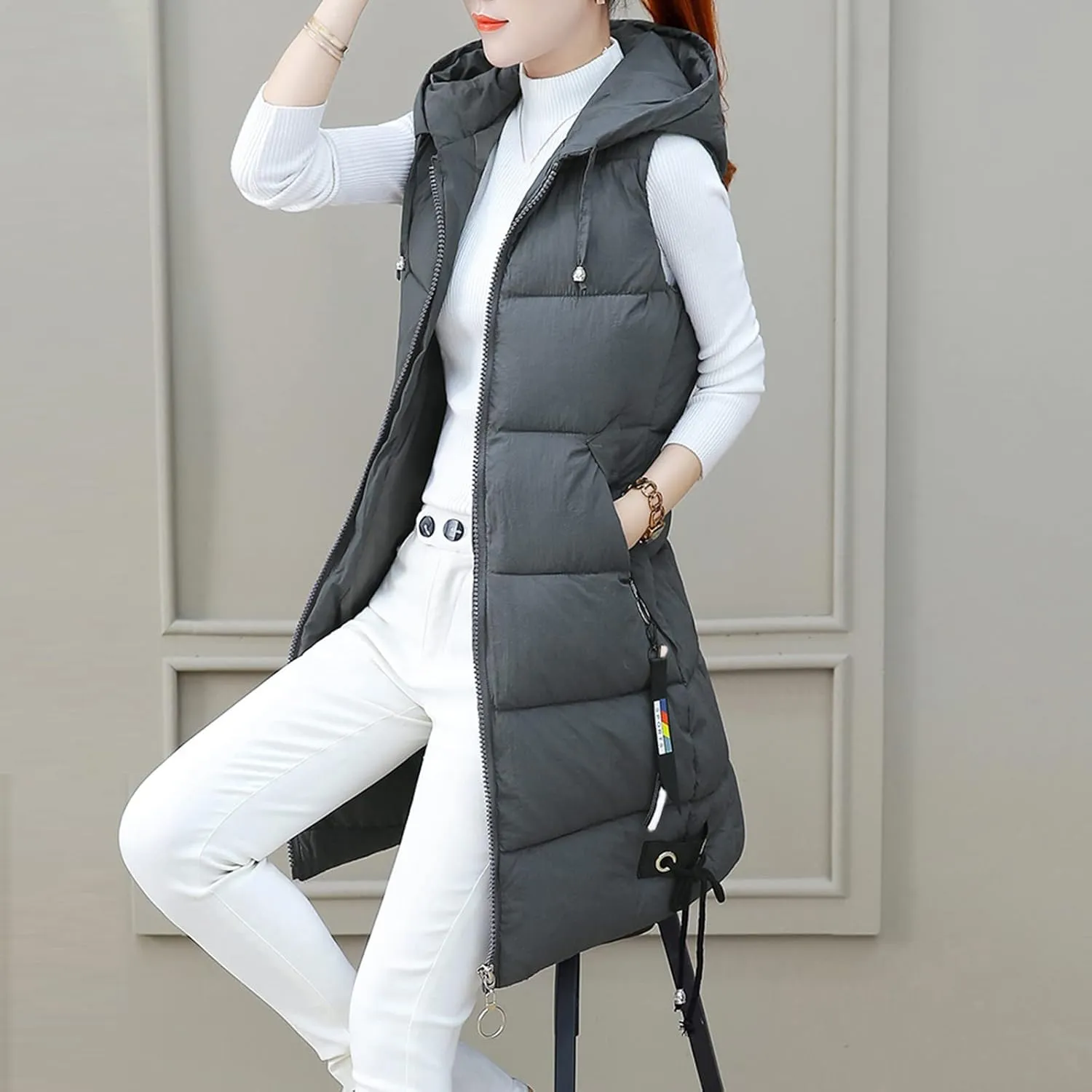 Women's Long Vest Sleeveless Lightweight Puffer Jacket Packable Hooded Down Coat Quilted Vest with Hood Winter