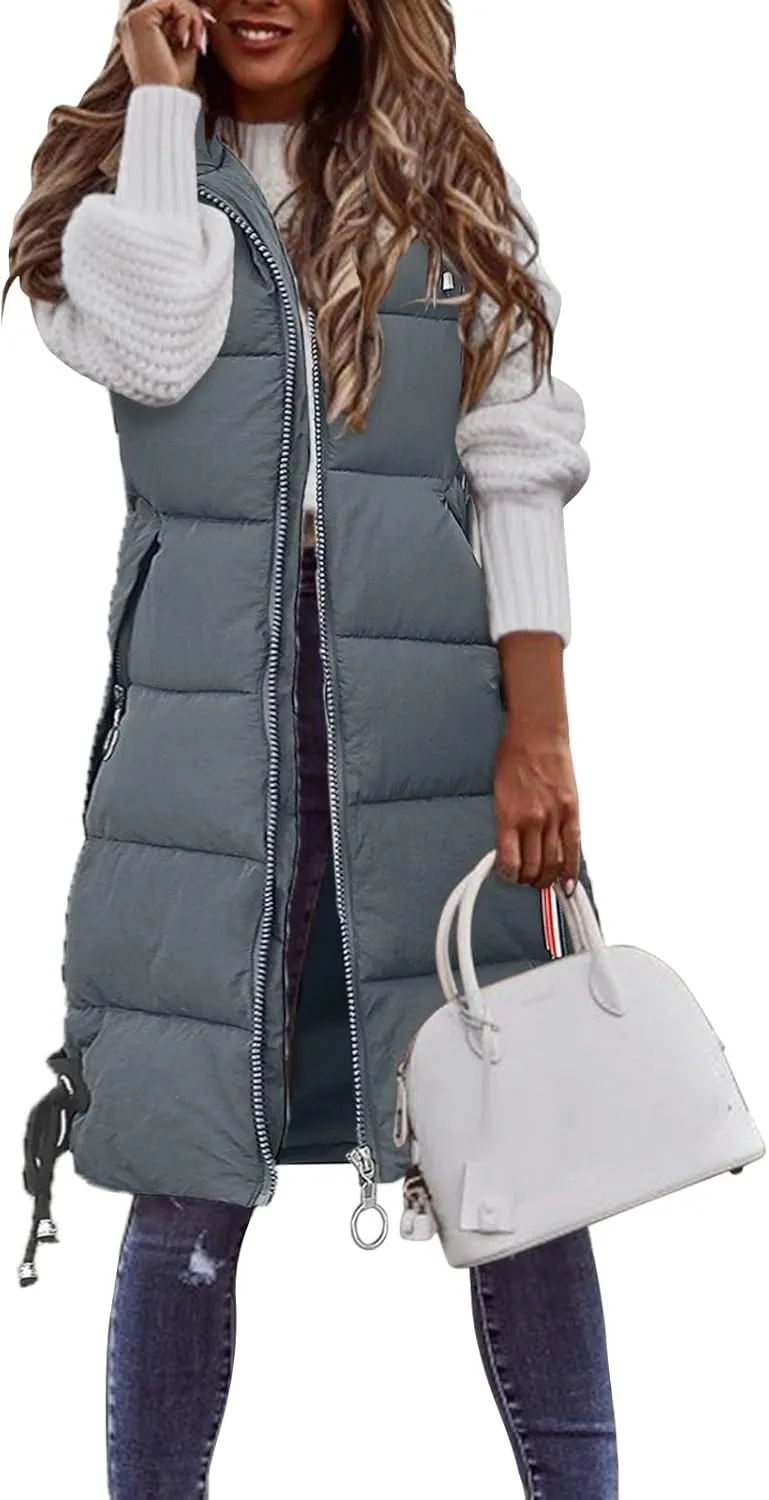 Women's Long Vest Sleeveless Lightweight Puffer Jacket Packable Hooded Down Coat Quilted Vest with Hood Winter