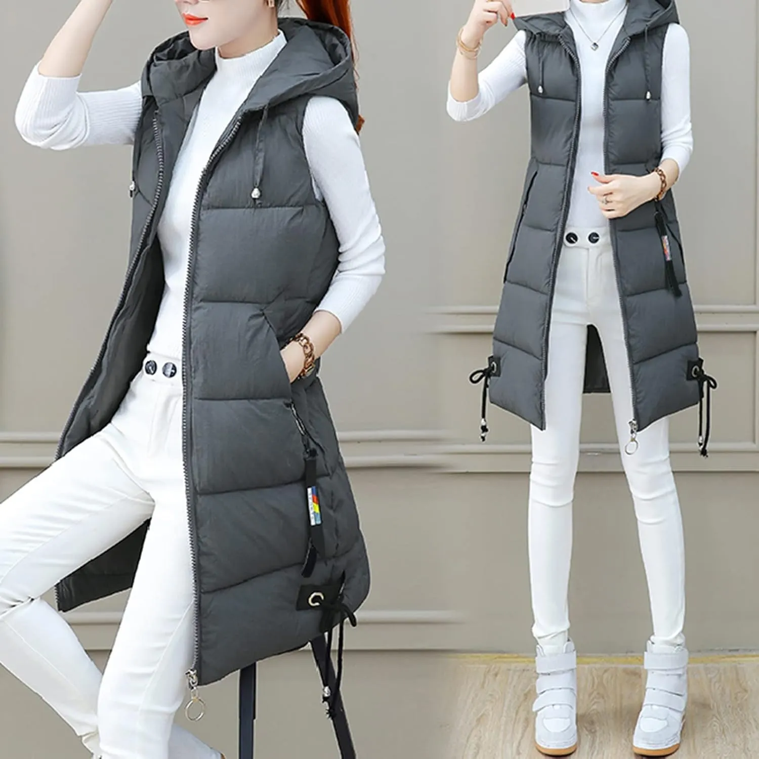 Women's Long Vest Sleeveless Lightweight Puffer Jacket Packable Hooded Down Coat Quilted Vest with Hood Winter