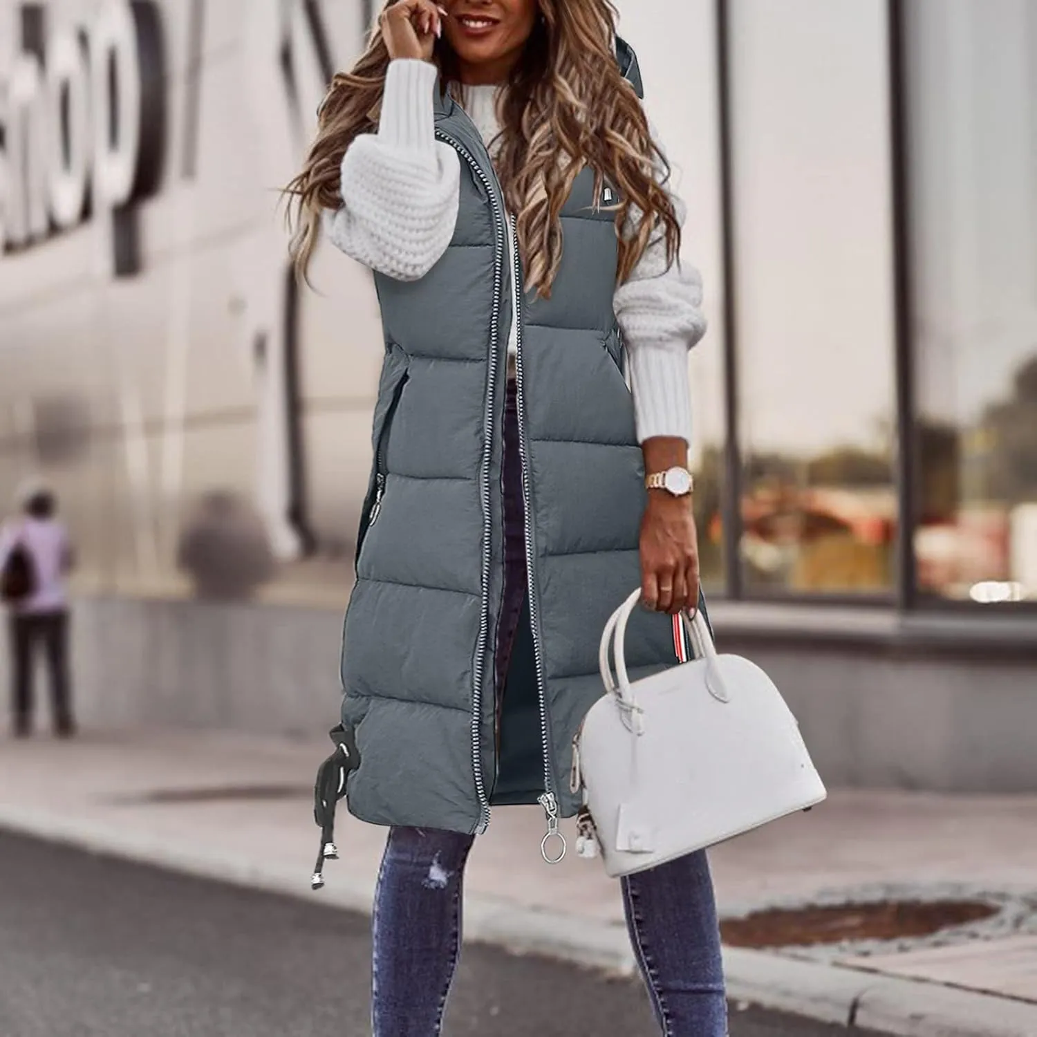 Women's Long Vest Sleeveless Lightweight Puffer Jacket Packable Hooded Down Coat Quilted Vest with Hood Winter