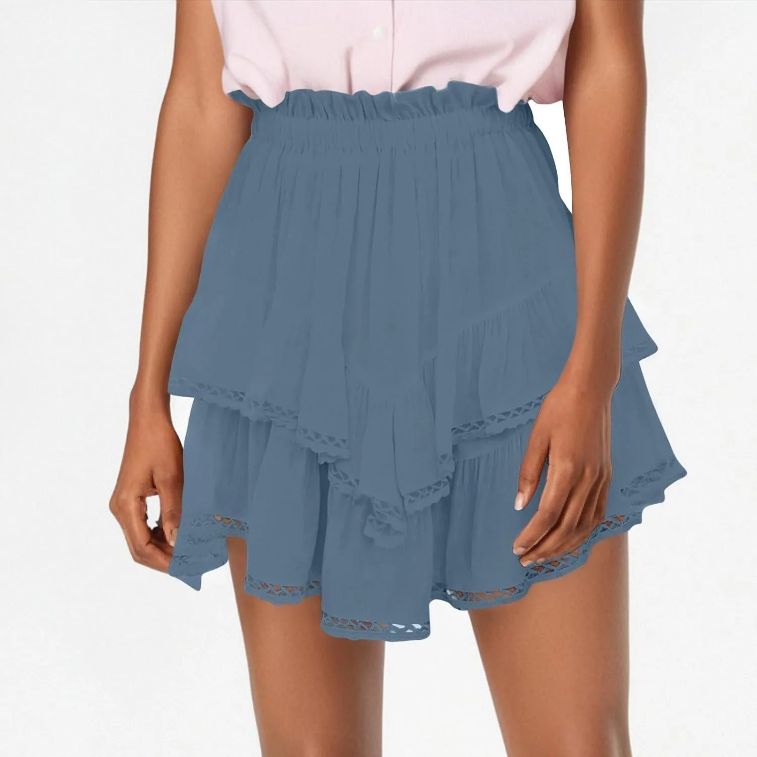 Womens Mini Skirts Double Layer Ruffle Fashion Solid Color Lace Hem Elastic Waist Skirts Swing Cute Beach Skorts