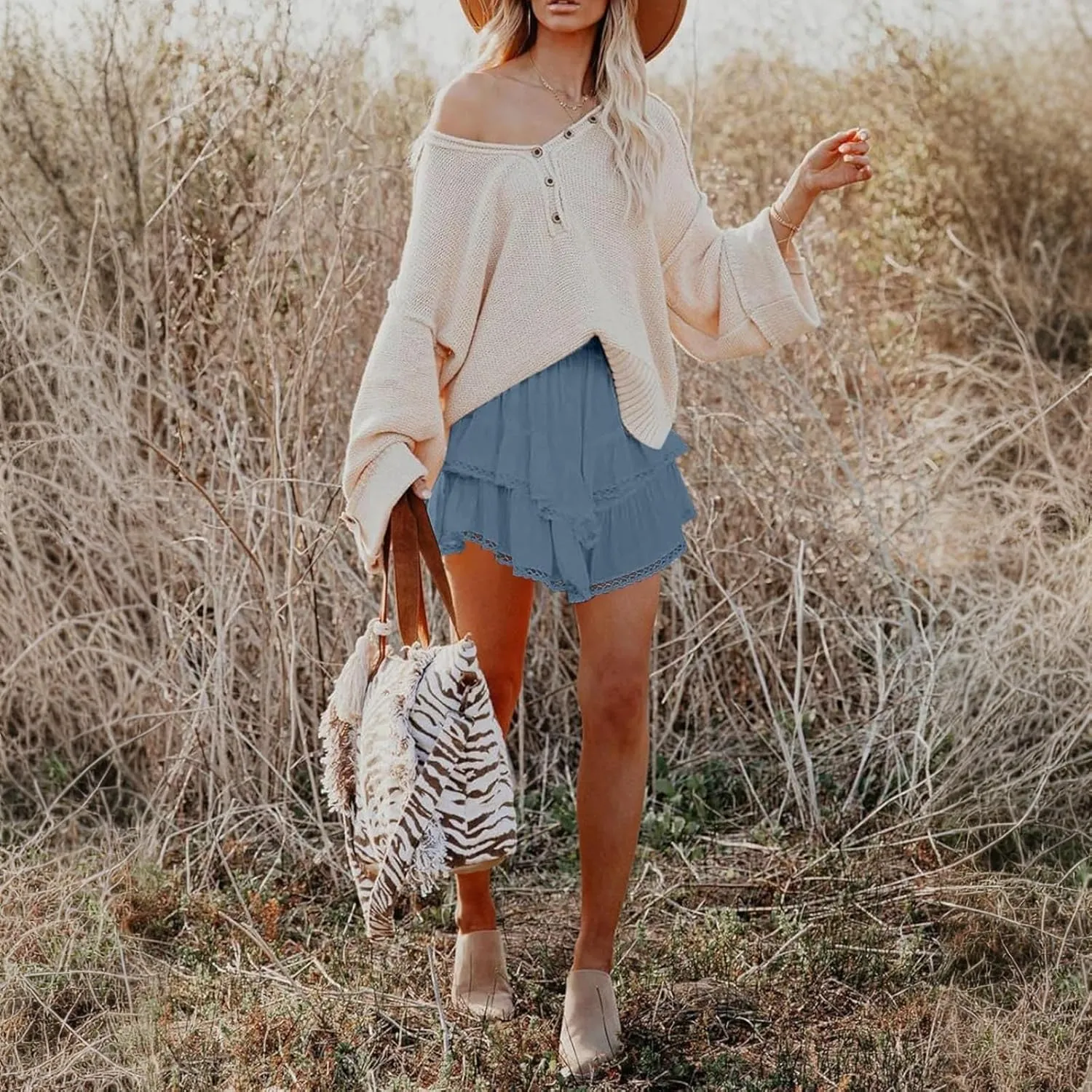 Womens Mini Skirts Double Layer Ruffle Fashion Solid Color Lace Hem Elastic Waist Skirts Swing Cute Beach Skorts