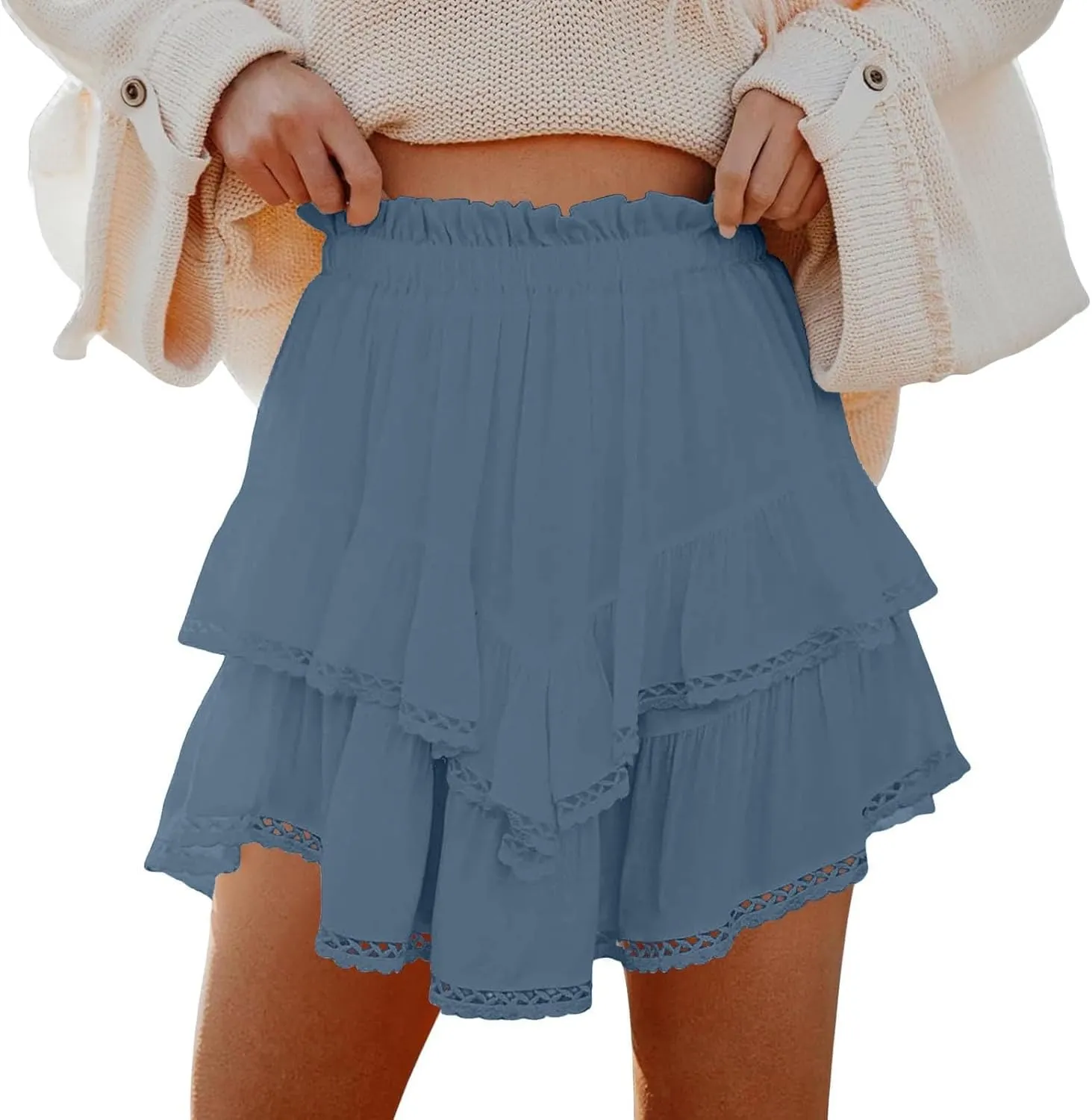 Womens Mini Skirts Double Layer Ruffle Fashion Solid Color Lace Hem Elastic Waist Skirts Swing Cute Beach Skorts