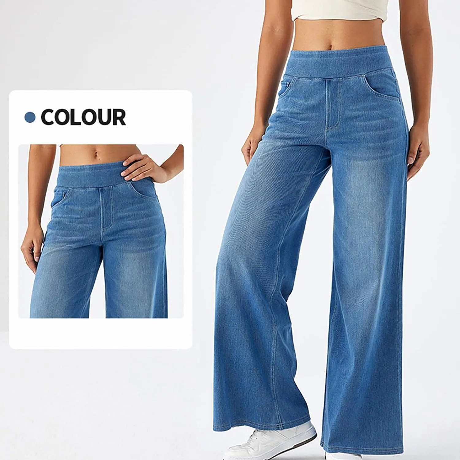 Women's Palazzo Denim Pants High Waisted Baggy Jean Pants Vintage Trendy Casual Loose Stretch Trouser with Pockets
