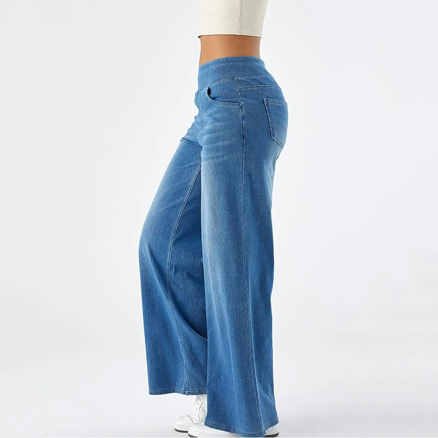 Women's Palazzo Denim Pants High Waisted Baggy Jean Pants Vintage Trendy Casual Loose Stretch Trouser with Pockets