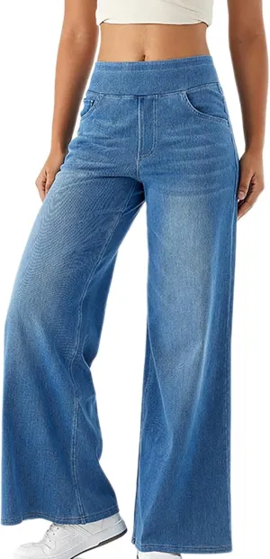 Women's Palazzo Denim Pants High Waisted Baggy Jean Pants Vintage Trendy Casual Loose Stretch Trouser with Pockets