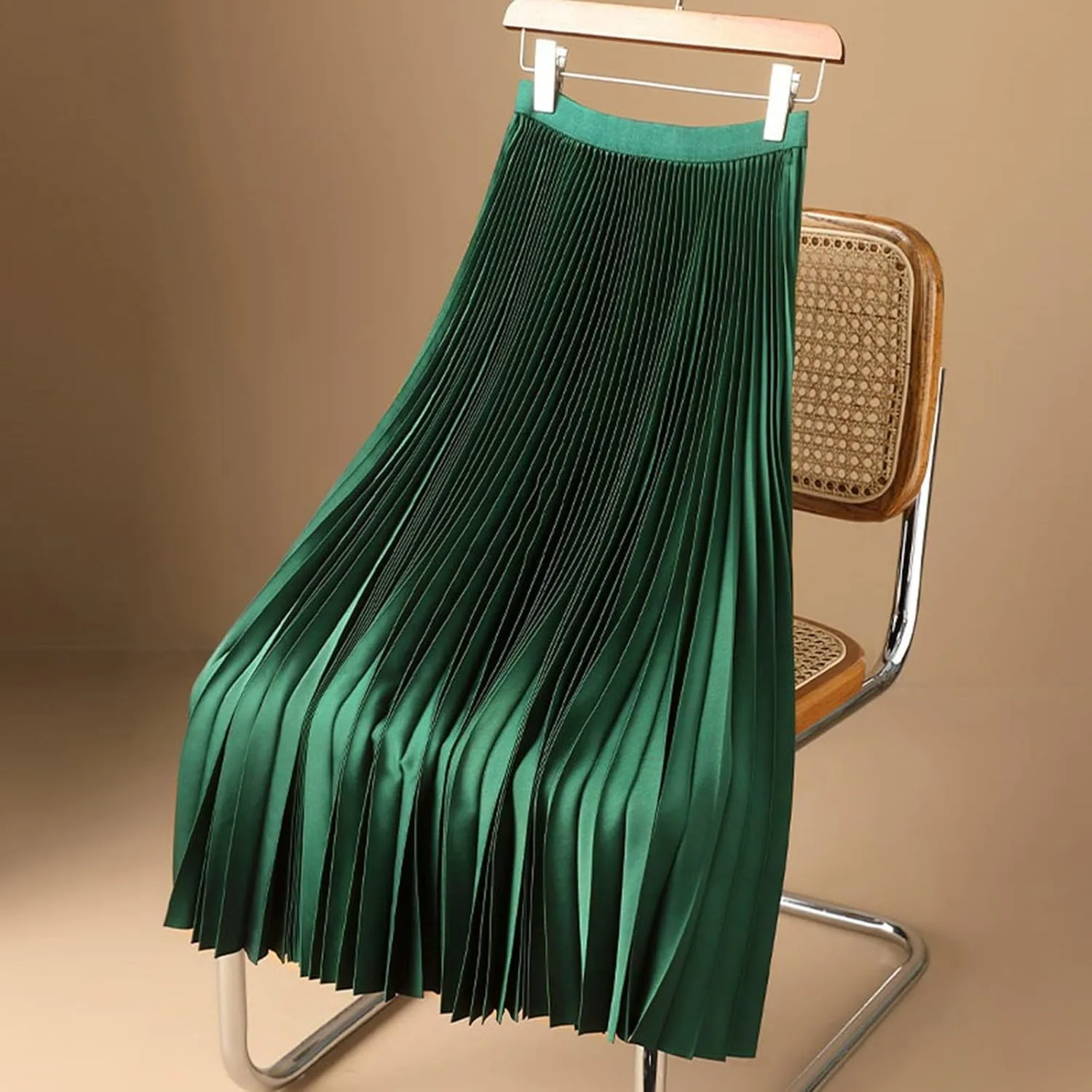 Women's Pleated Skirt Satin Metallic Shiny Flare Flowy Swing A-Line Skirt Summer Casual Solid High Waist Plus Size Midi Skirt