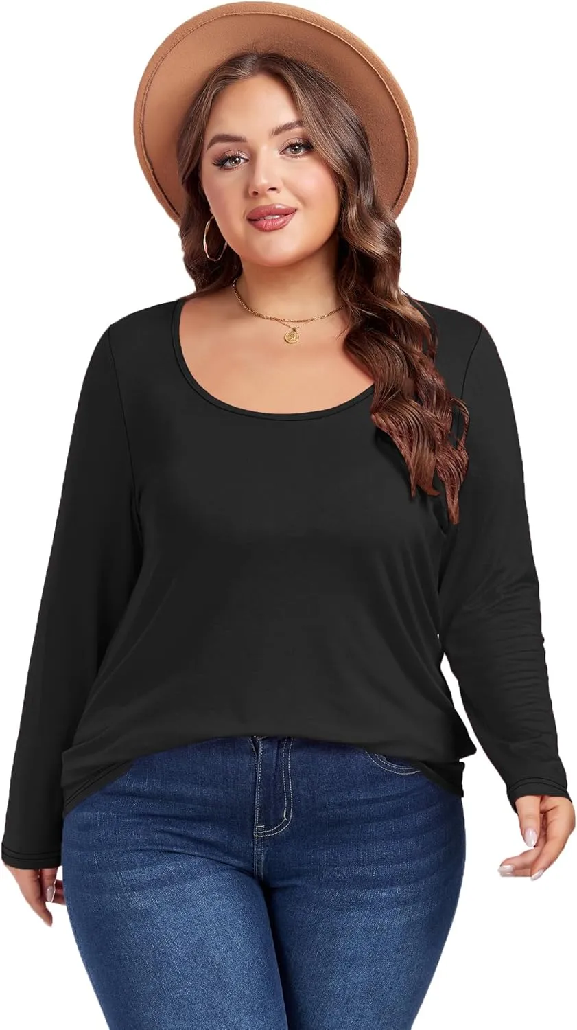 Women's Plus Size Long Sleeve U Neck Tunics Tops Casual Loose Fit T Shirt Blouse