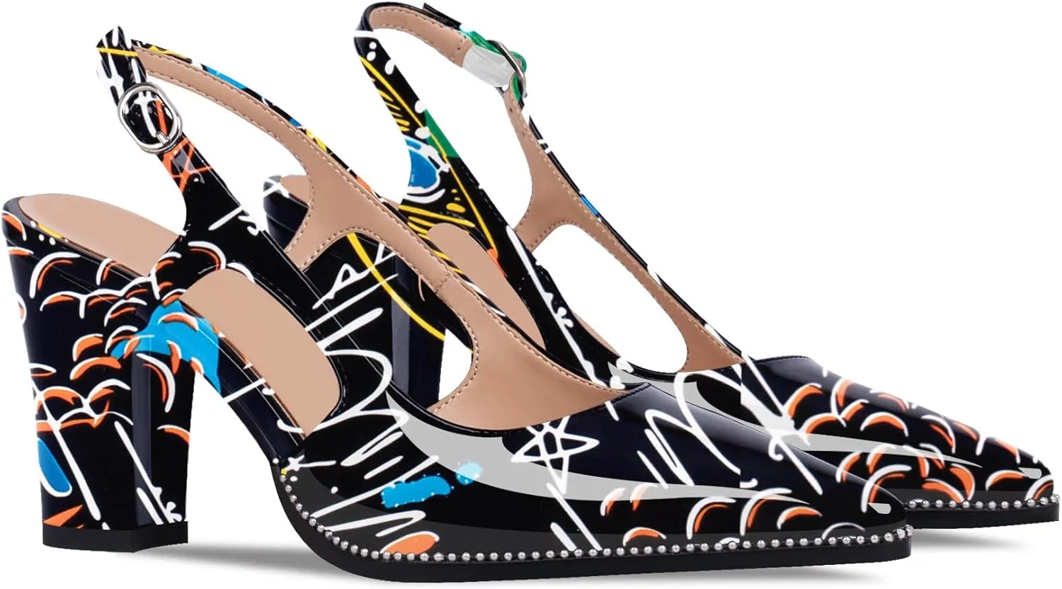 Women's Pointed Toe Block Heel Slingback Pumps Beaded Patent Leather Buckle Strap Slip On Work Party Dress Shoes