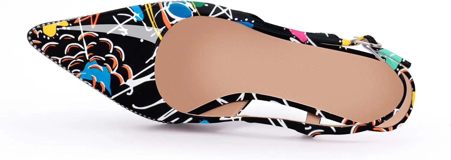 Women's Pointed Toe Block Heel Slingback Pumps Beaded Patent Leather Buckle Strap Slip On Work Party Dress Shoes