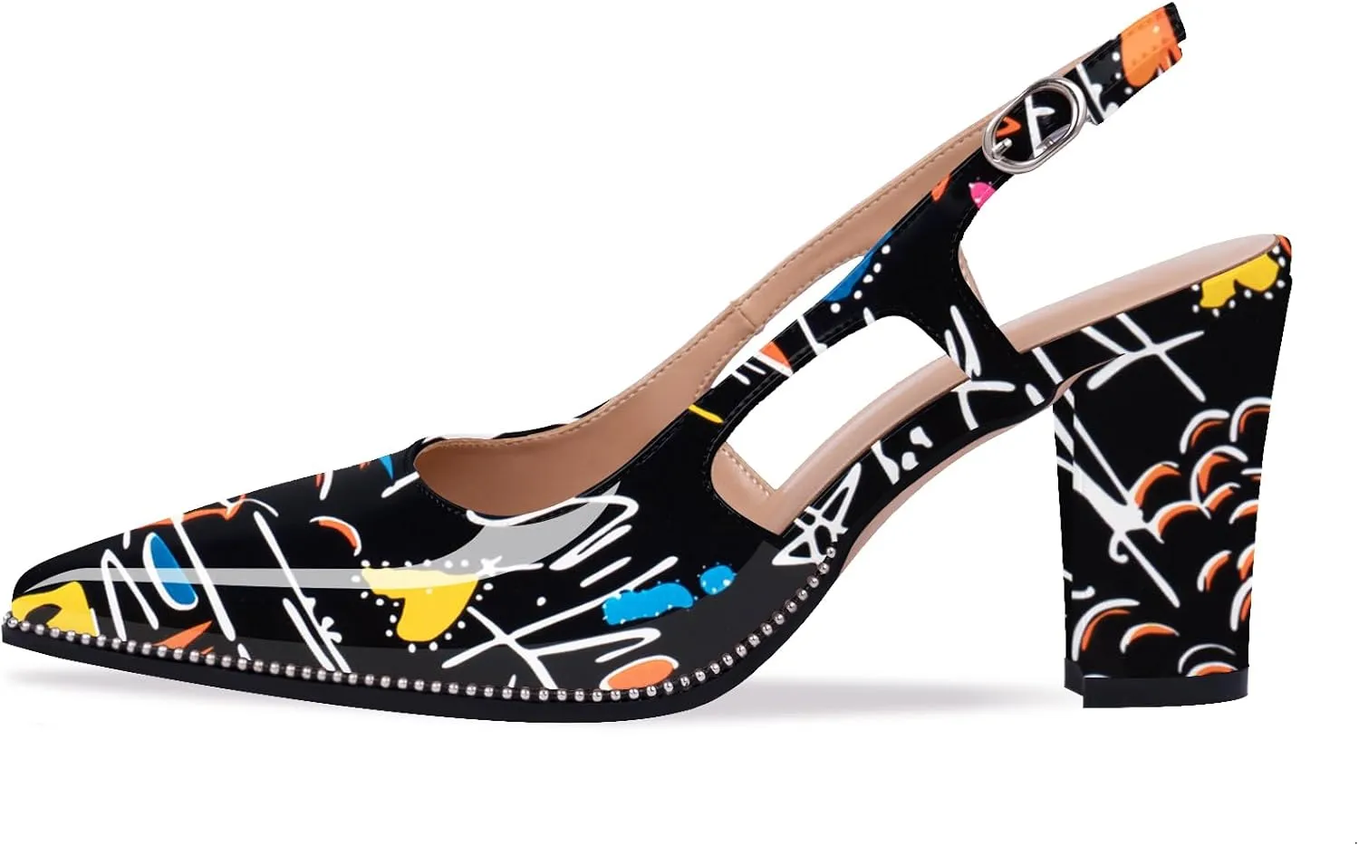 Women's Pointed Toe Block Heel Slingback Pumps Beaded Patent Leather Buckle Strap Slip On Work Party Dress Shoes