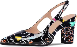 Women's Pointed Toe Block Heel Slingback Pumps Beaded Patent Leather Buckle Strap Slip On Work Party Dress Shoes