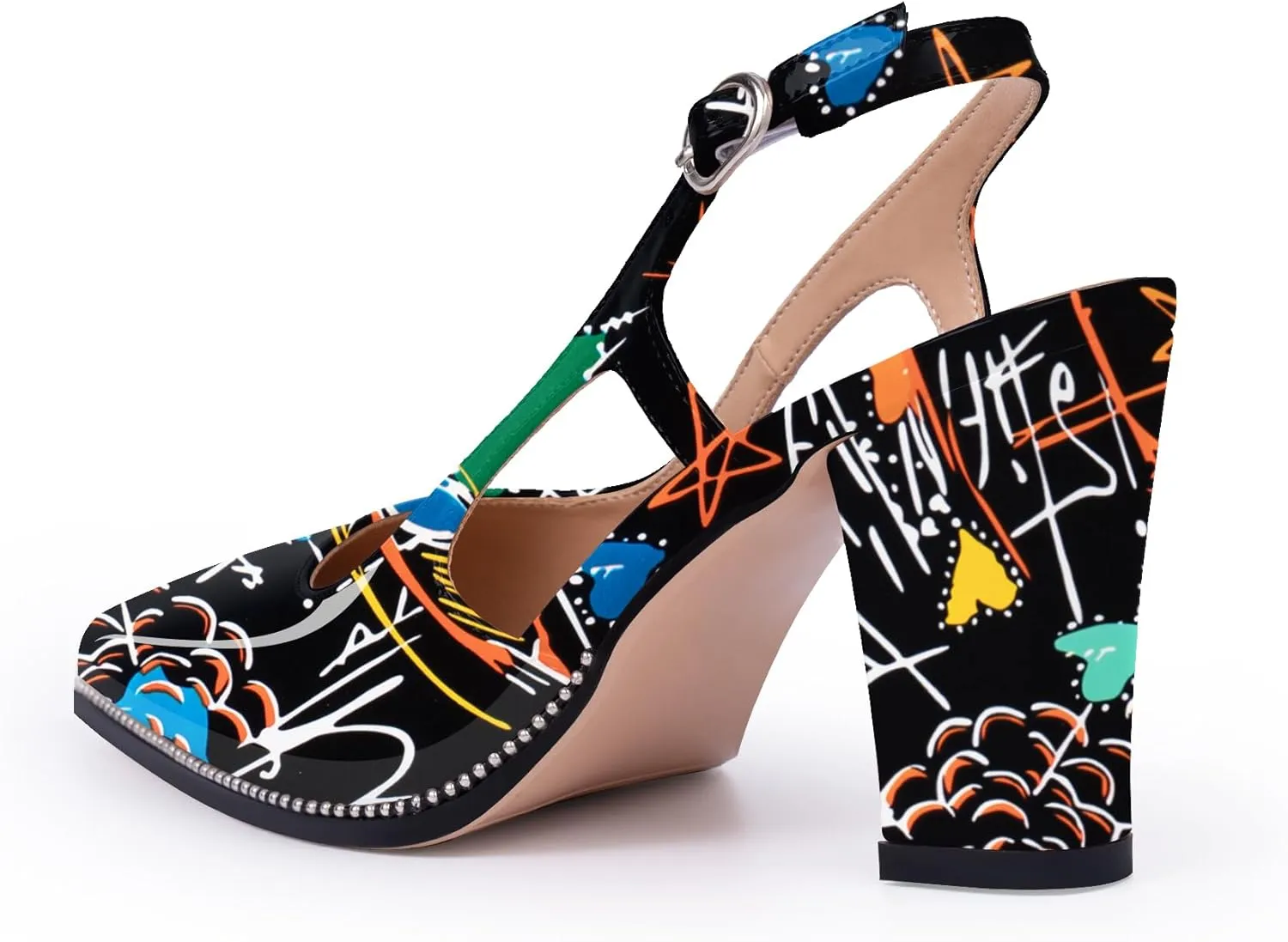 Women's Pointed Toe Block Heel Slingback Pumps Beaded Patent Leather Buckle Strap Slip On Work Party Dress Shoes