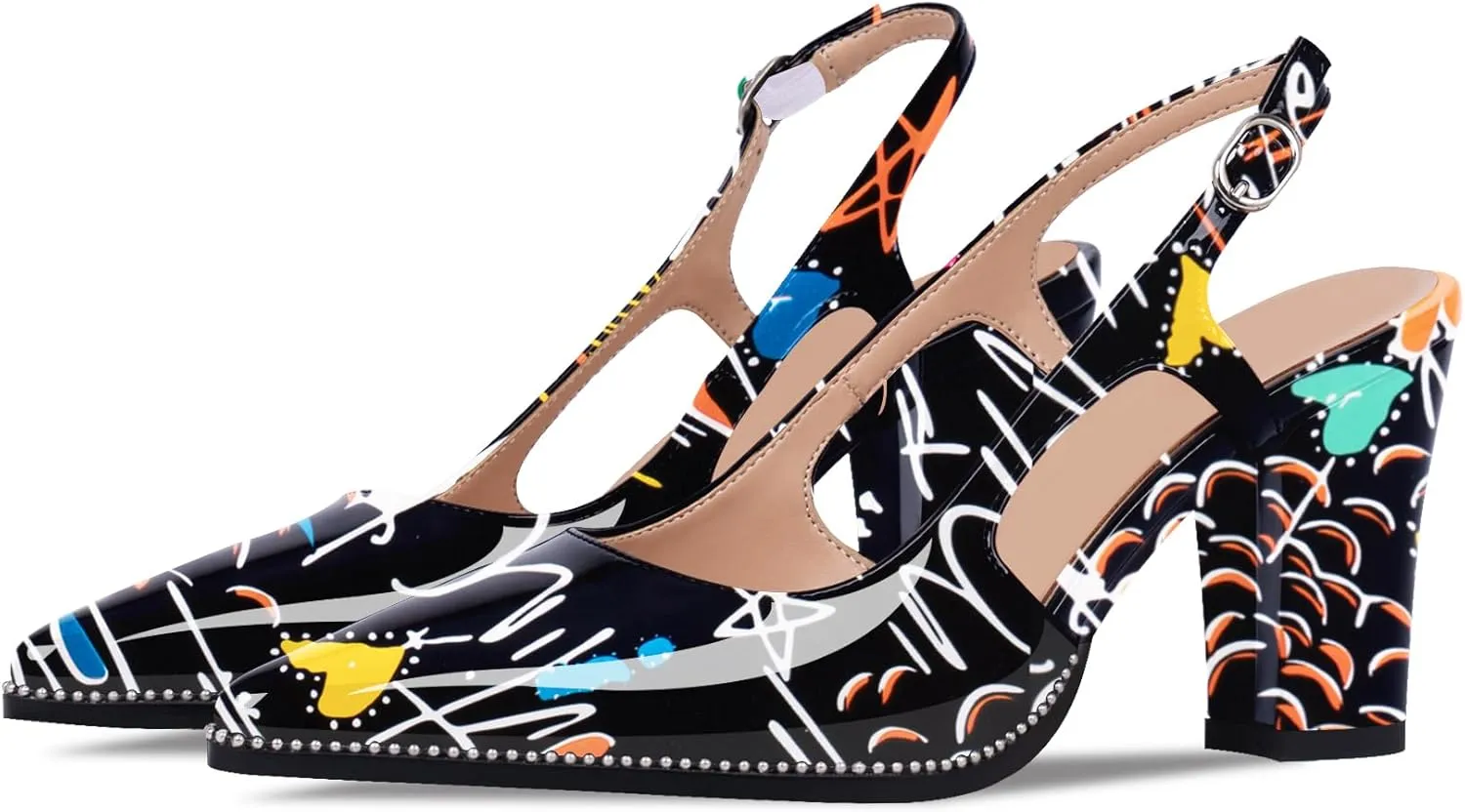Women's Pointed Toe Block Heel Slingback Pumps Beaded Patent Leather Buckle Strap Slip On Work Party Dress Shoes