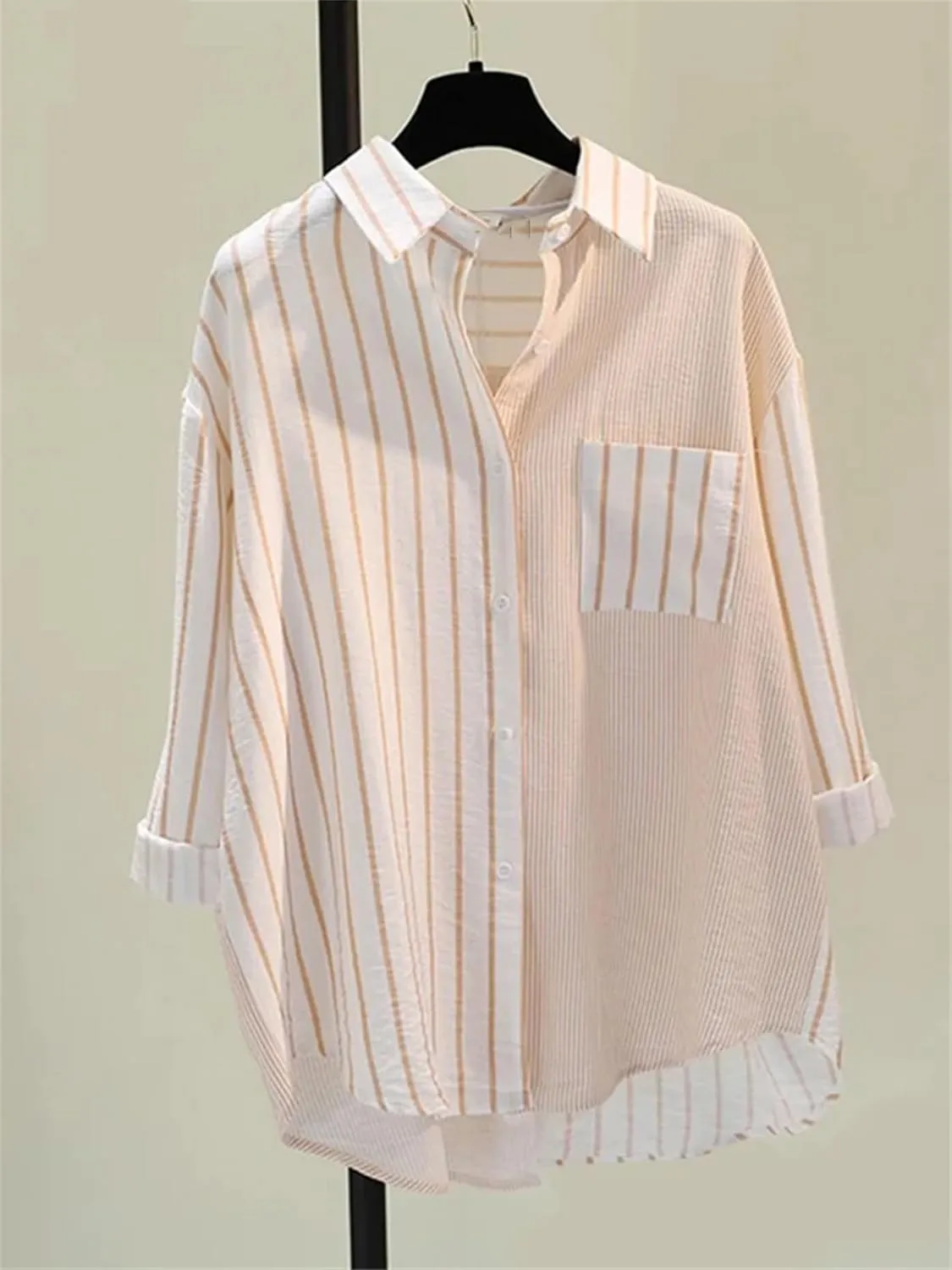 Women's Relaxed Fit Black & White Striped Shirt Plus Size Color Block Asymmetric Blouse with Pocket Casual Work Top