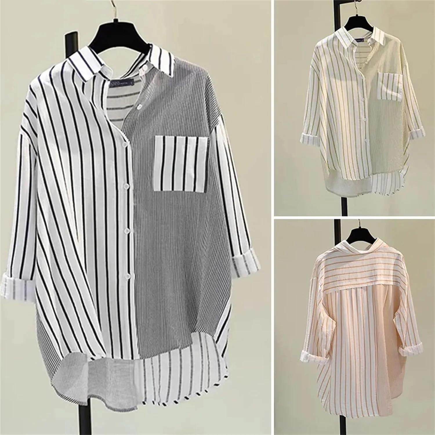 Women's Relaxed Fit Black & White Striped Shirt Plus Size Color Block Asymmetric Blouse with Pocket Casual Work Top