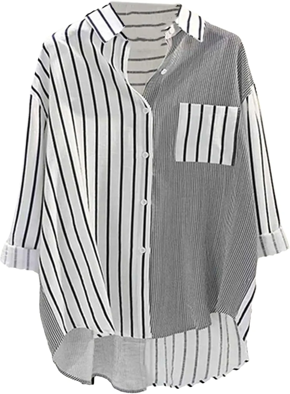 Women's Relaxed Fit Black & White Striped Shirt Plus Size Color Block Asymmetric Blouse with Pocket Casual Work Top