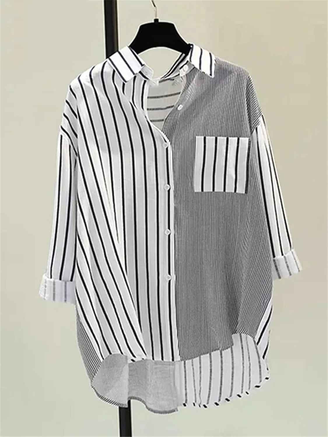 Women's Relaxed Fit Black & White Striped Shirt Plus Size Color Block Asymmetric Blouse with Pocket Casual Work Top