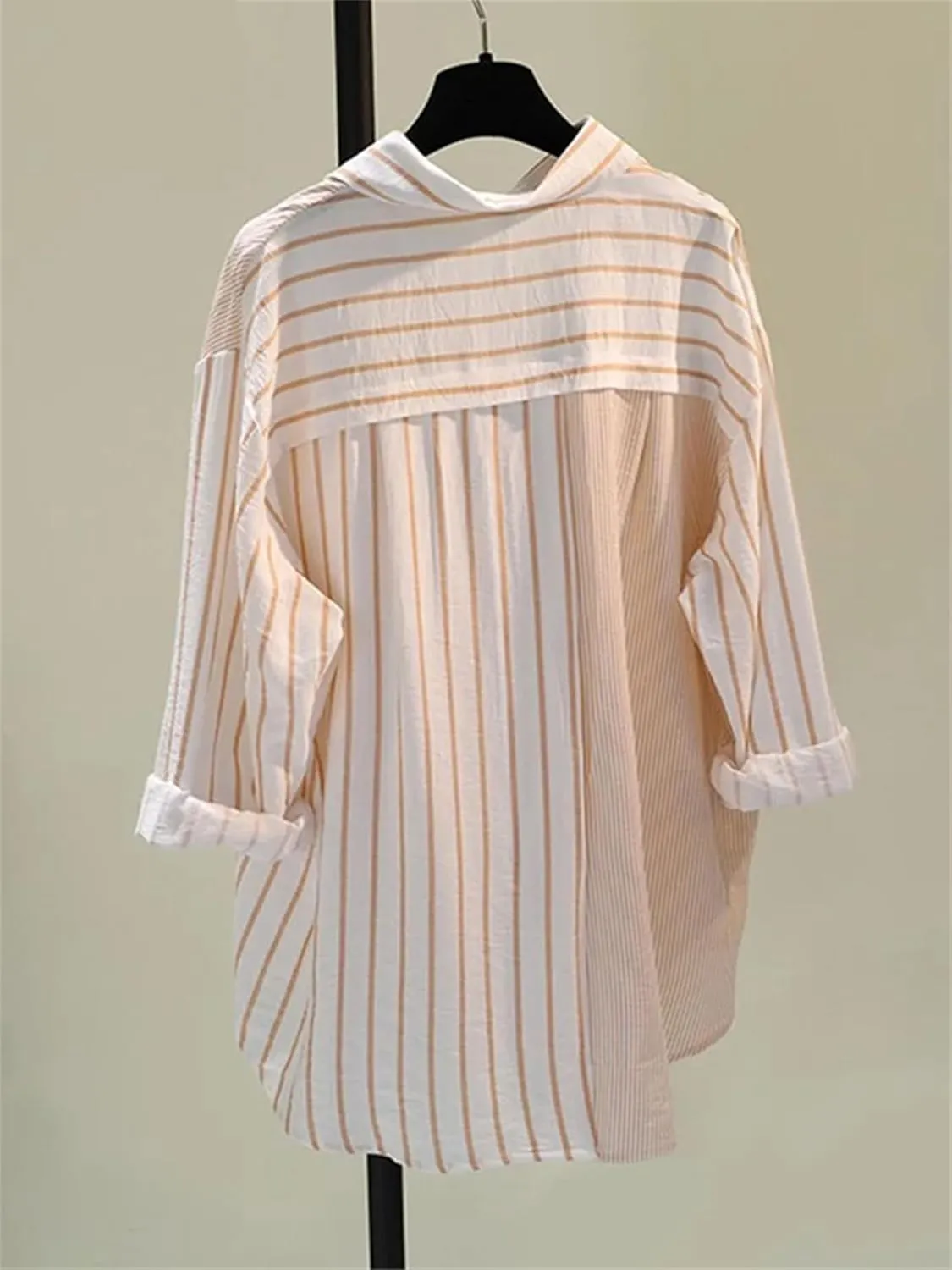 Women's Relaxed Fit Black & White Striped Shirt Plus Size Color Block Asymmetric Blouse with Pocket Casual Work Top