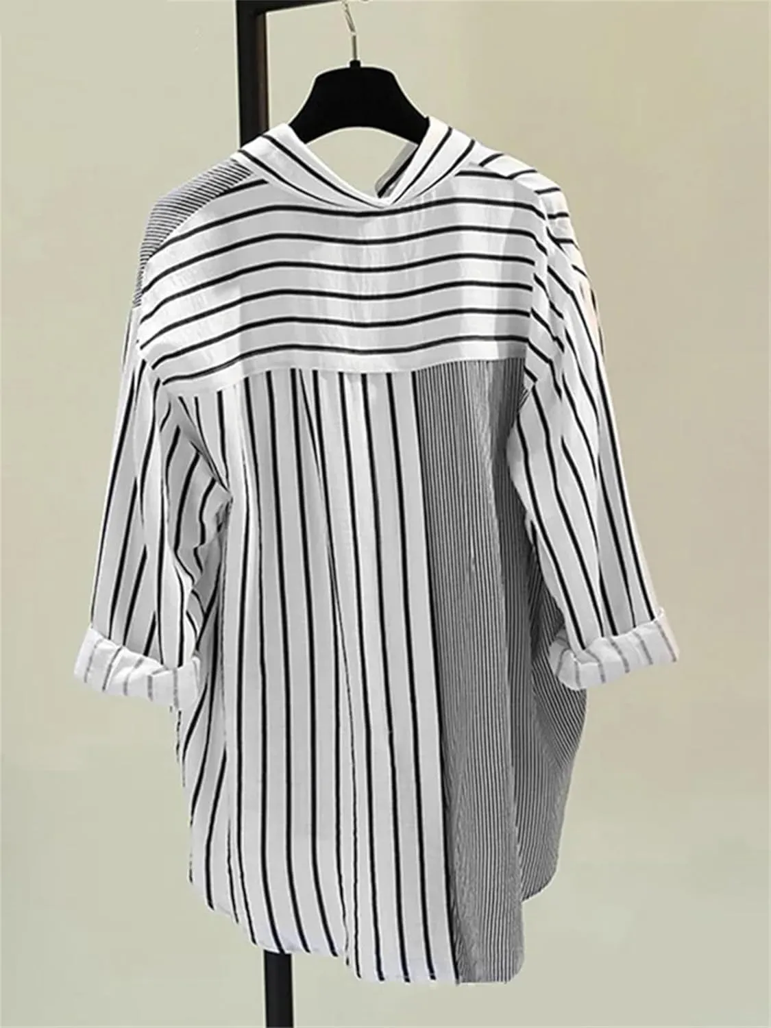 Women's Relaxed Fit Black & White Striped Shirt Plus Size Color Block Asymmetric Blouse with Pocket Casual Work Top