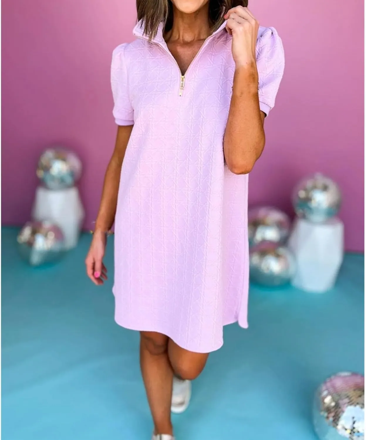 Women's Retros Zip Mini Short Sleeve Dress, Half Zip Lapel Short Sleeve Dress, Lapel Sundresses