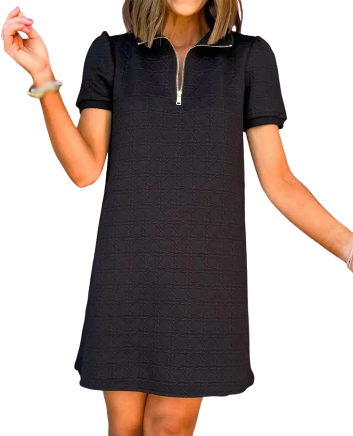 Women's Retros Zip Mini Short Sleeve Dress, Half Zip Lapel Short Sleeve Dress, Lapel Sundresses