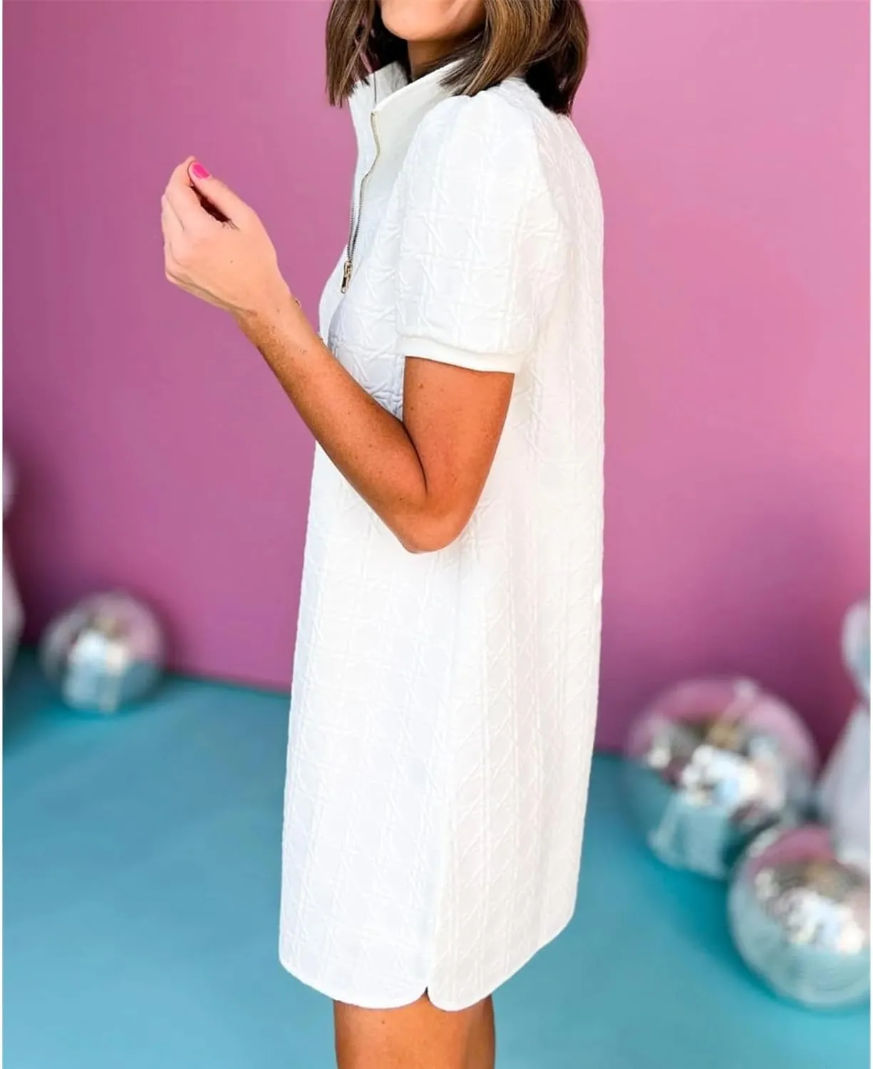 Women's Retros Zip Mini Short Sleeve Dress, Half Zip Lapel Short Sleeve Dress, Lapel Sundresses