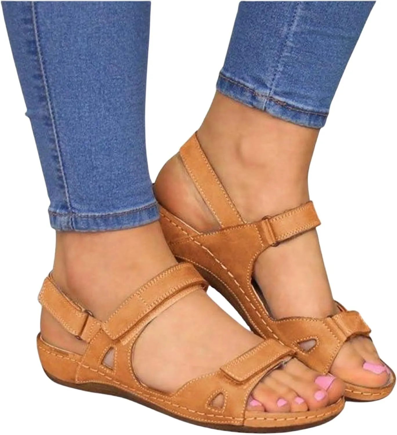 Womens Sandals Comfortable Orthopedic Slides Low Wedge Sandals Summer Breathable Open Toe Beach Shoes Ladies Walking Sports Athletic Sandal Ankle Strap Dressy Hiking Shoes